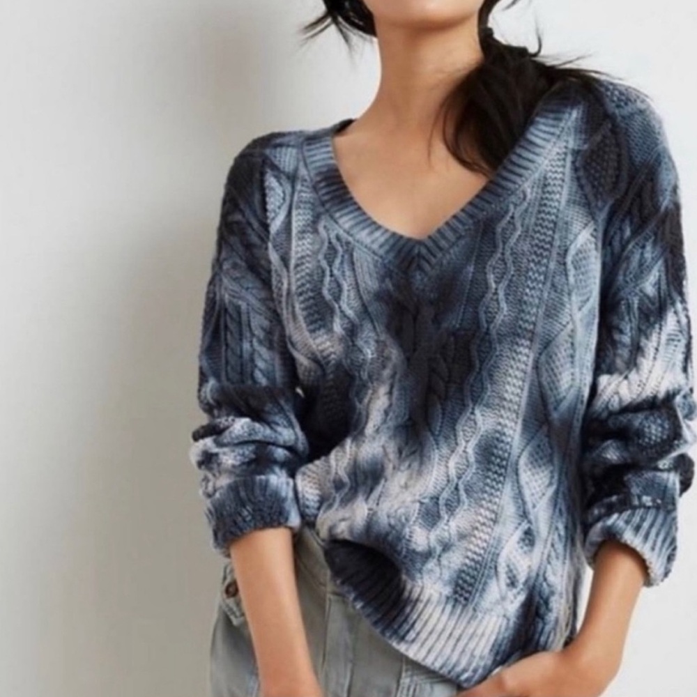 Anthropologie Pilcro Joni Tie-Dye Chunky Cable Knit Sweater Navy Blue White Sm